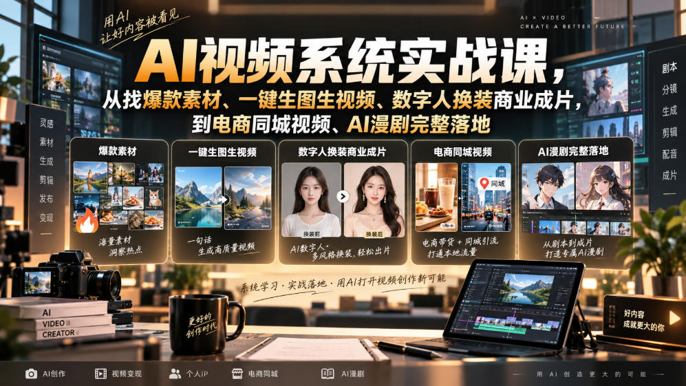 AI视频系统实战课，从找爆款素材、一键生图生视频、数字人换装商业成片，到电商同城视频、AI漫剧完整落地-白蛇网