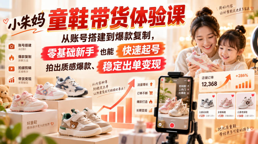 小朱妈童鞋带货体验课，从账号搭建到爆款复制，零基础新手也能快速起号、拍出质感爆款、稳定出单变现-白蛇网