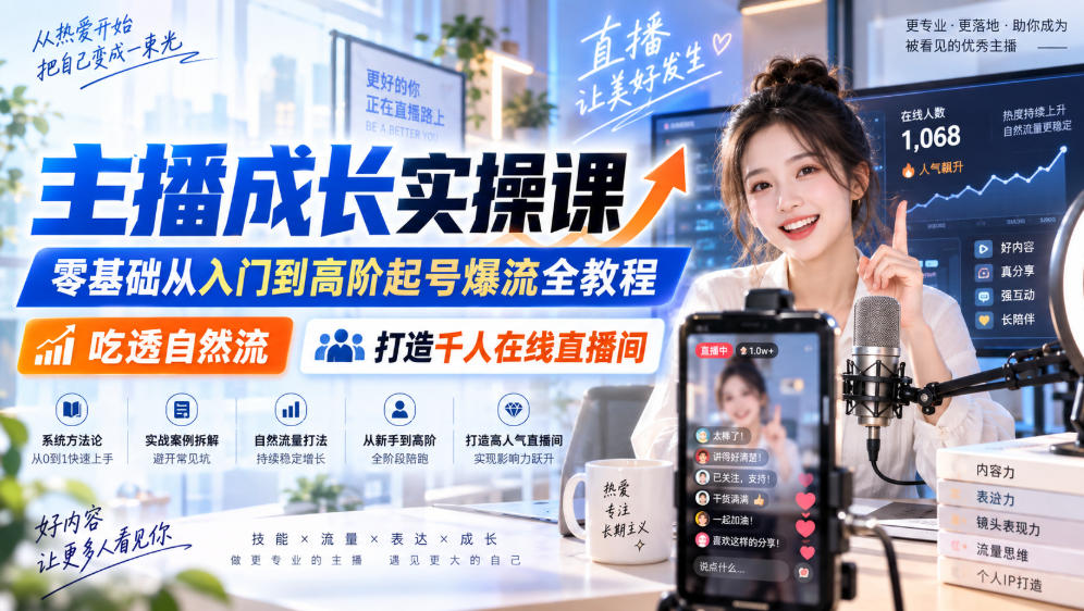 主播成长实操课｜零基础从入门到高阶起号爆流全教程，吃透自然流，打造千人在线直播间-白蛇网