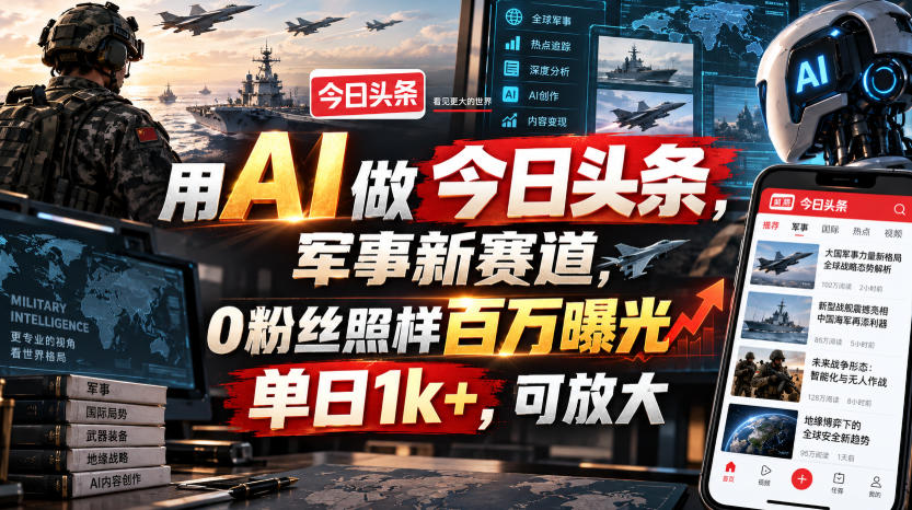 用AI做今日头条，军事新赛道，0粉丝照样百万曝光，单日1k+，可放大-白蛇网