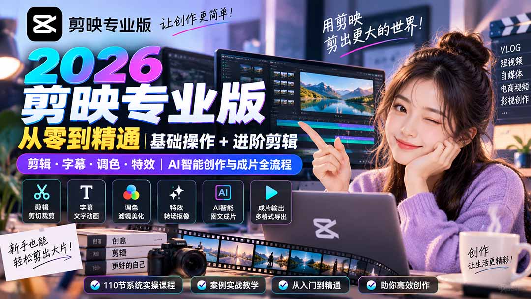 2026剪映专业版从零到精通｜基础操作+进阶剪辑｜剪辑·字幕·调色·特效｜AI智能创作与成片全流程-白蛇网