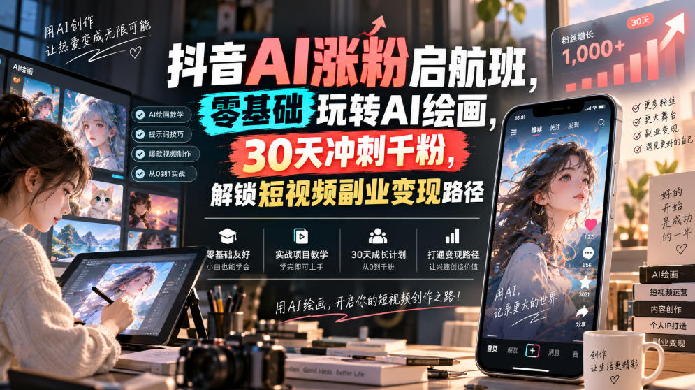 抖音AI涨粉启航班，零基础玩转AI绘画，30天冲刺千粉，解锁短视频副业变现路径-白蛇网