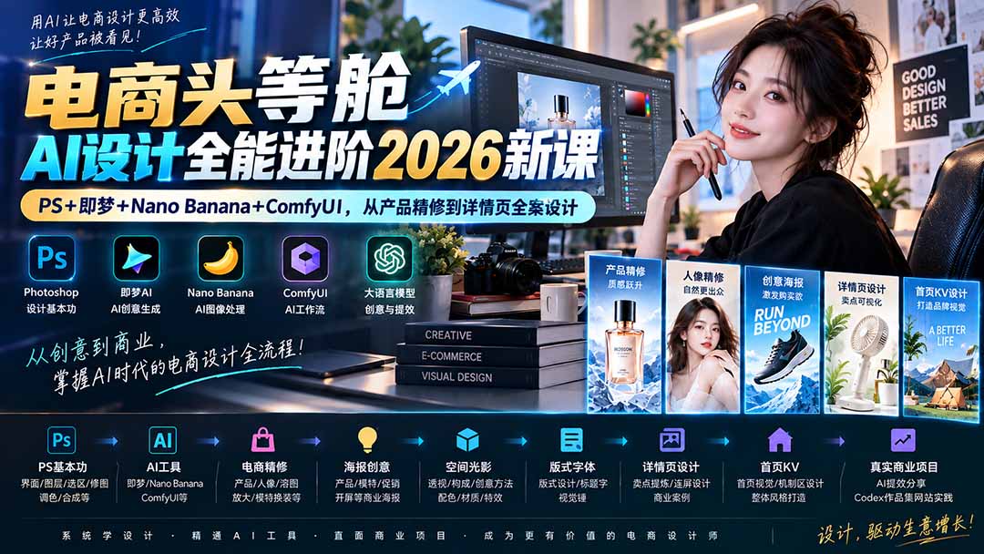 电商头等舱AI设计全能进阶2026新课：PS+即梦+Nano Banana+ComfyUI，从产品精修到详情页全案设计-白蛇网