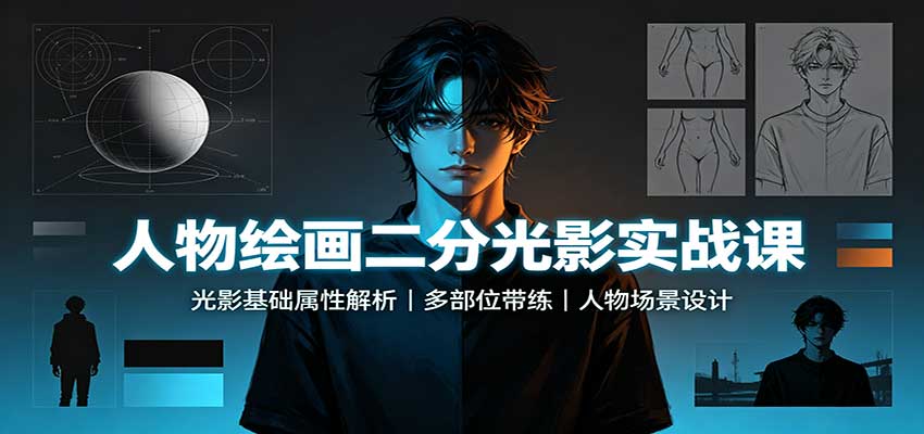 人物绘画二分光影实战课：光影基础属性解析，多部位带练，人物场景设计-白蛇网